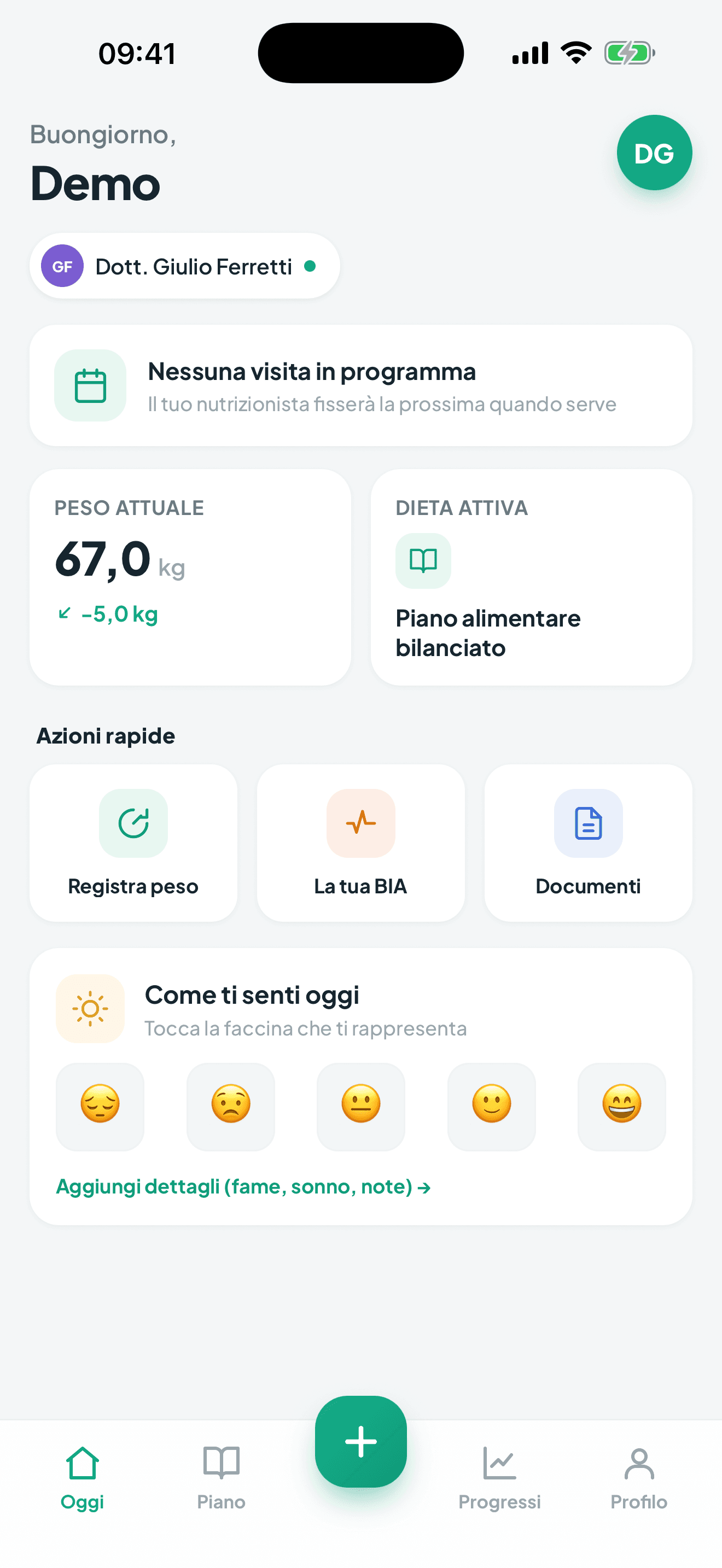 App GoDieta per i pazienti: schermata Oggi con pasti del giorno e progressi