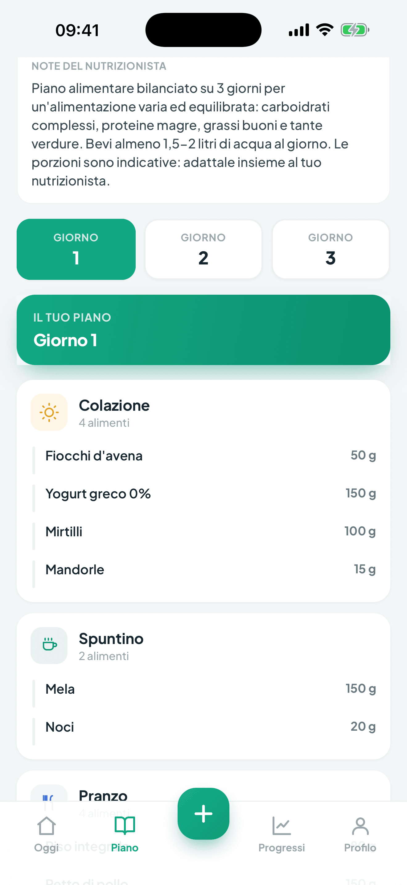 App pazienti GoDieta: il piano alimentare del giorno con i pasti, gli alimenti e le grammature indicate dal nutrizionista