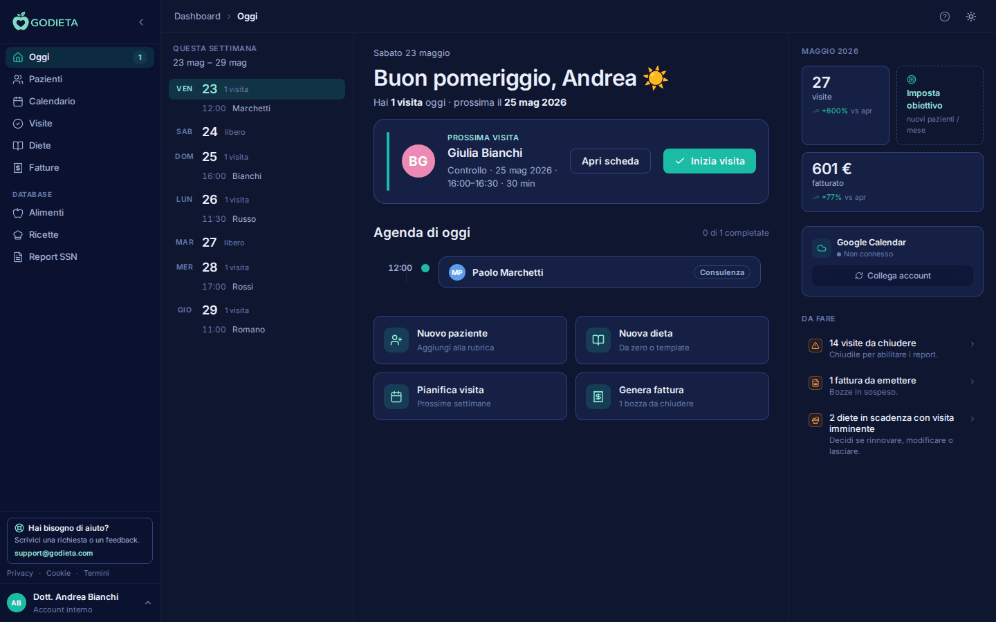 GoDieta in modalità Dark Mode: interfaccia scura per lavorare con comfort anche di sera