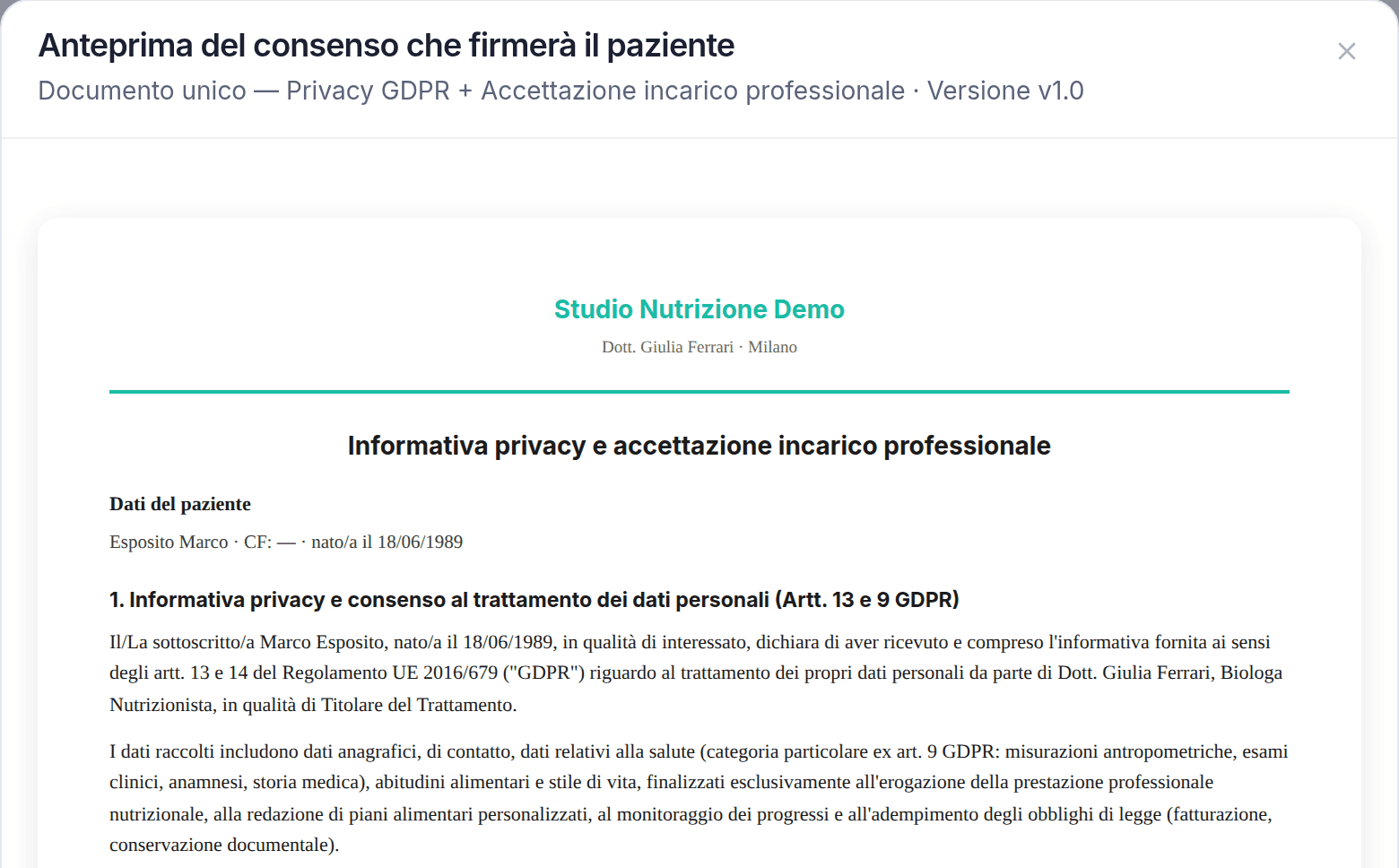 Anteprima del consenso che firmerà il paziente su GoDieta: documento unico con informativa privacy GDPR e accettazione dell'incarico professionale, intestato allo studio del nutrizionista