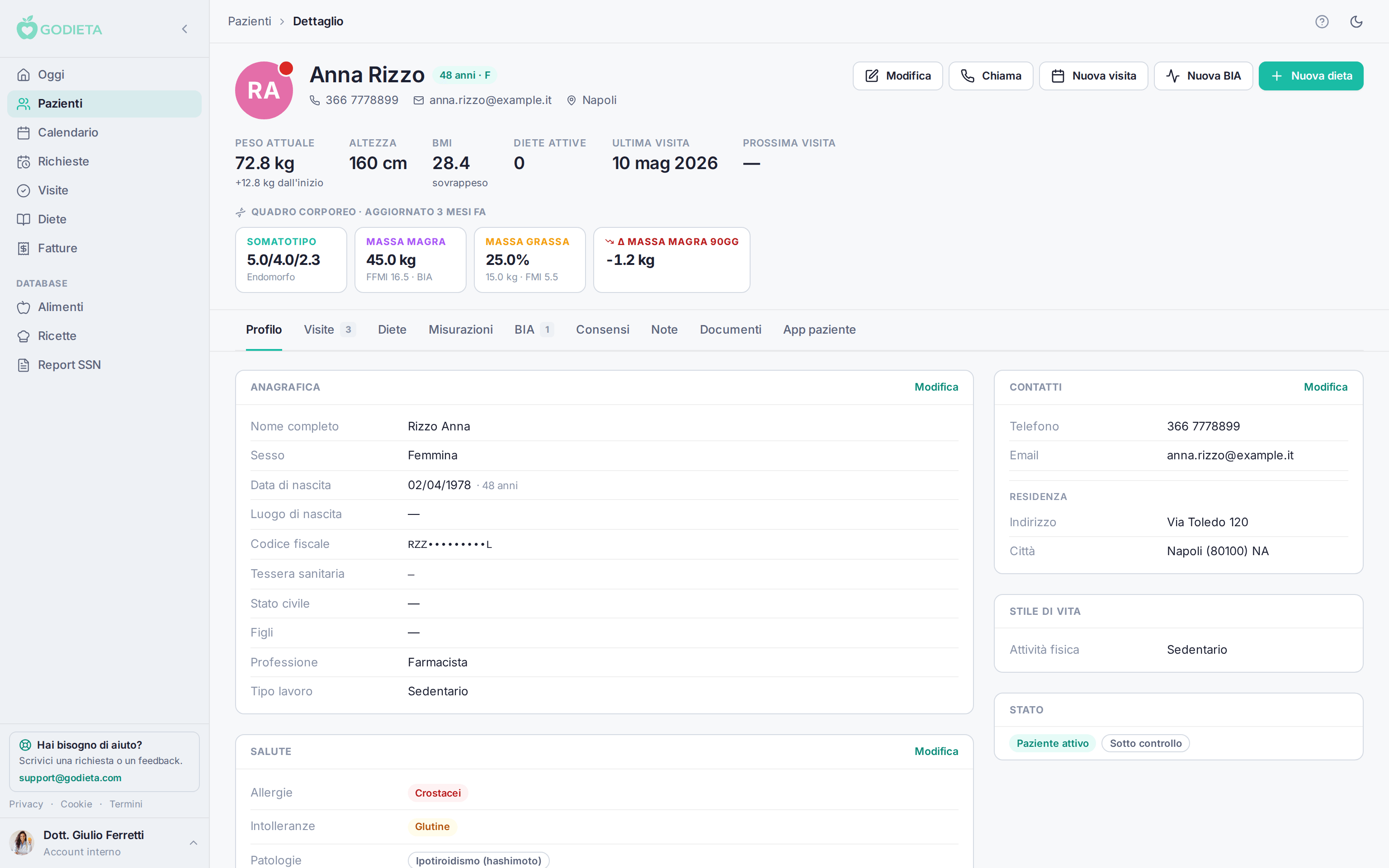 Gestionale GoDieta: scheda paziente con peso, BMI, somatotipo, massa magra e massa grassa