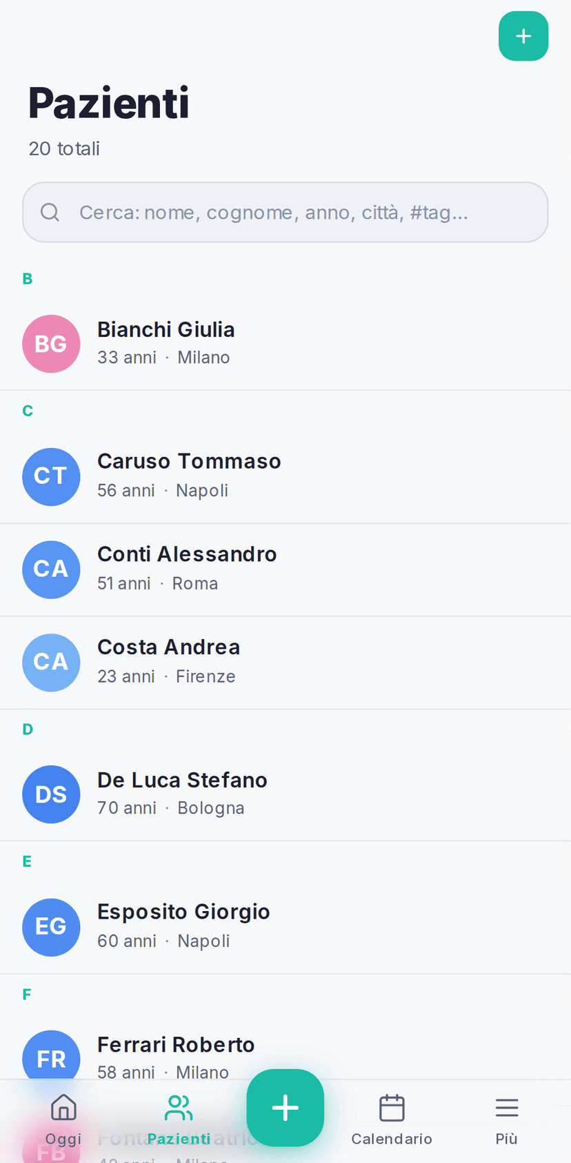 Gestionale GoDieta del nutrizionista su smartphone: lista pazienti