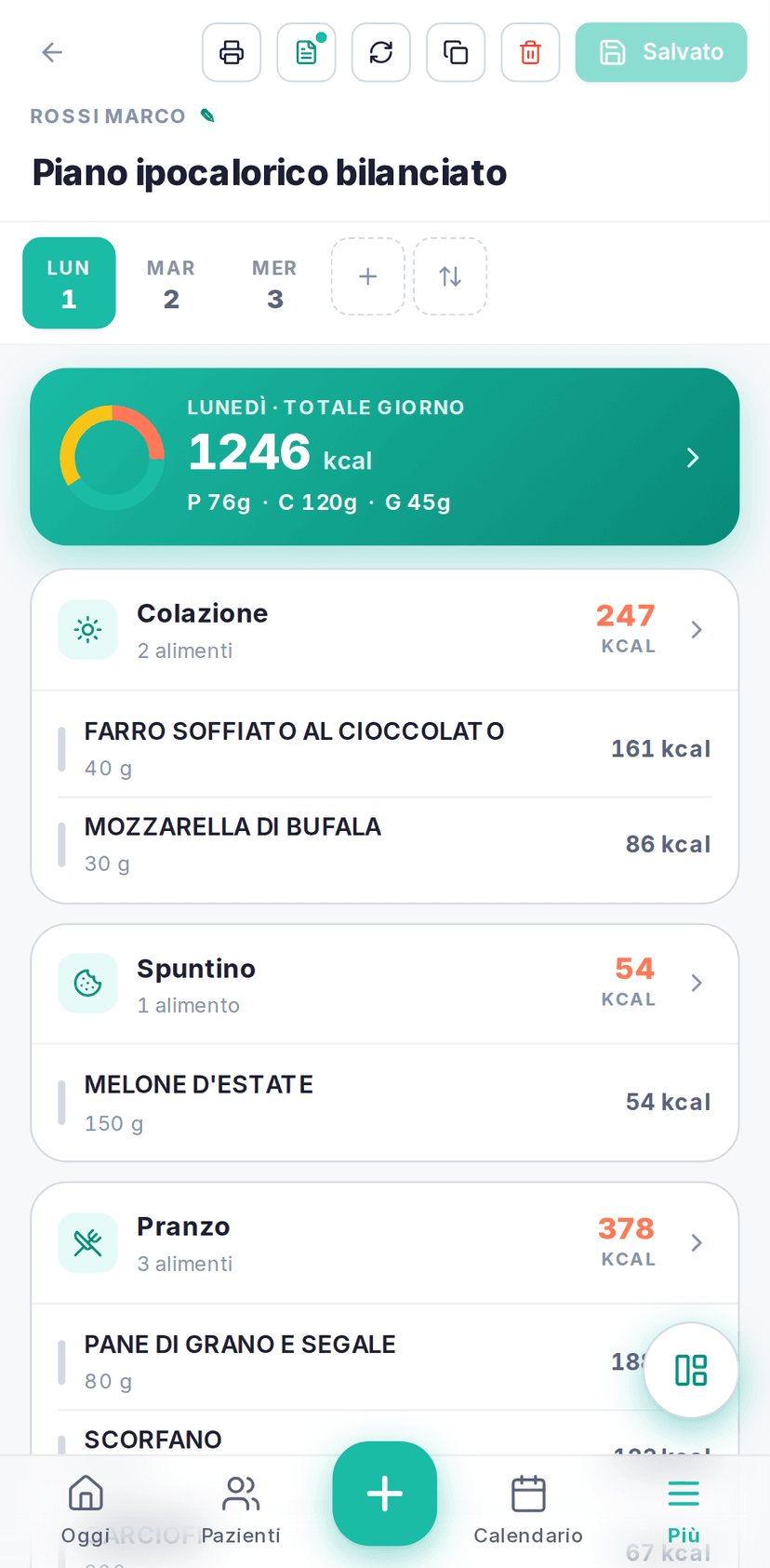 Gestionale GoDieta del nutrizionista su smartphone: piano alimentare